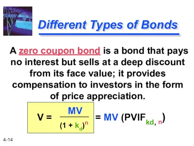 Different Types of Bonds A zero coupon bond is a bond that pays