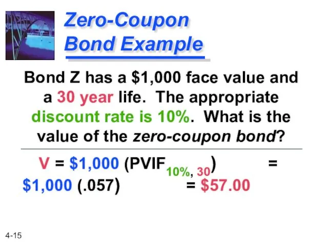 V = $1,000 (PVIF10%, 30) = $1,000 (.057) = $57.00 Zero-Coupon Bond Example