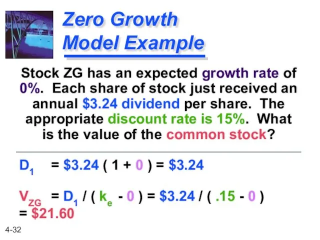 Zero Growth Model Example Stock ZG has an expected growth rate of 0%.