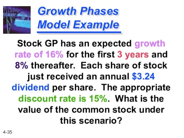 Growth Phases Model Example Stock GP has an expected growth rate of 16%