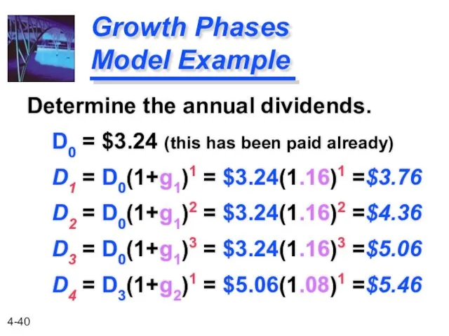 Growth Phases Model Example Determine the annual dividends. D0 = $3.24 (this has