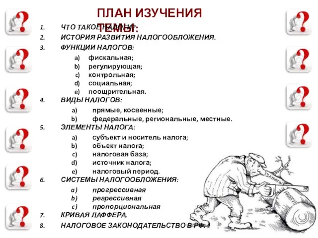 ПЛАН ИЗУЧЕНИЯ ТЕМЫ: ЧТО ТАКОЕ НАЛОГИ? ИСТОРИЯ РАЗВИТИЯ НАЛОГООБЛОЖЕНИЯ. ФУНКЦИИ