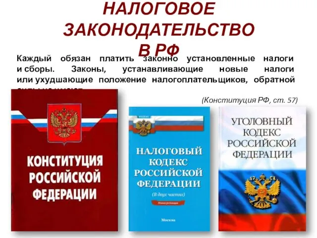 НАЛОГОВОЕ ЗАКОНОДАТЕЛЬСТВО В РФ Каждый обязан платить законно установленные налоги