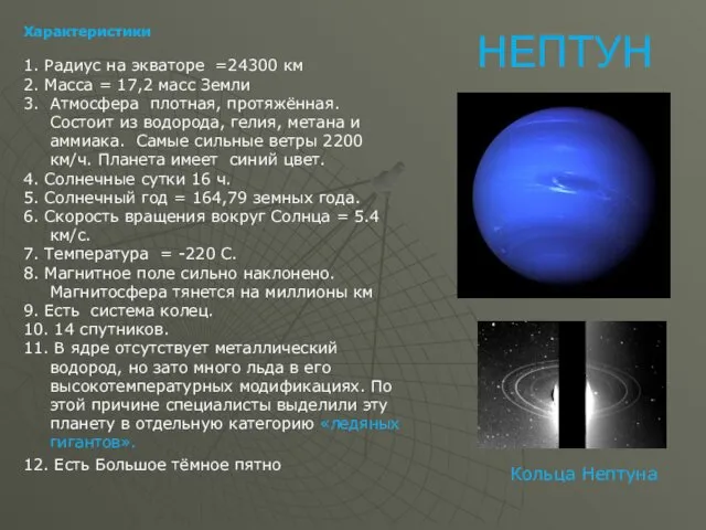 НЕПТУН Характеристики 1. Радиус на экваторе =24300 км 2. Масса