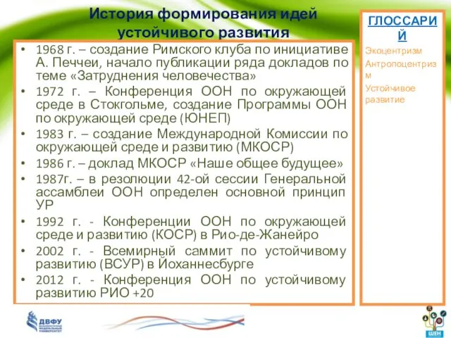 История формирования идей устойчивого развития 1968 г. – создание Римского