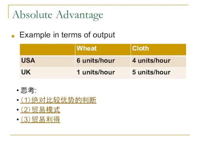 Absolute Advantage Example in terms of output 思考: （1）绝对比较优势的判断 （2）贸易模式 （3）贸易利得