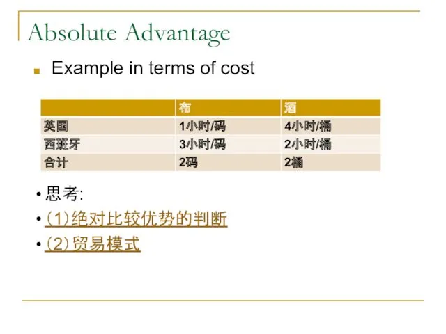Absolute Advantage Example in terms of cost 思考: （1）绝对比较优势的判断 （2）贸易模式