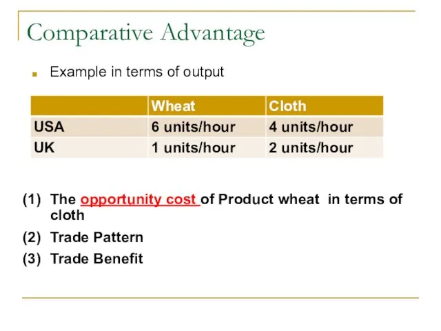 Comparative Advantage Example in terms of output The opportunity cost