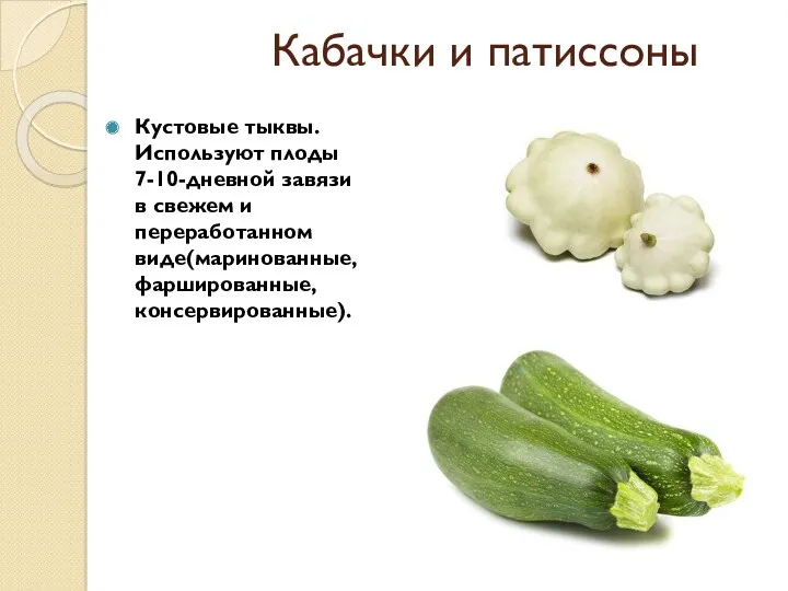 Кабачки и патиссоны Кустовые тыквы. Используют плоды 7-10-дневной завязи в свежем и переработанном виде(маринованные, фаршированные, консервированные).