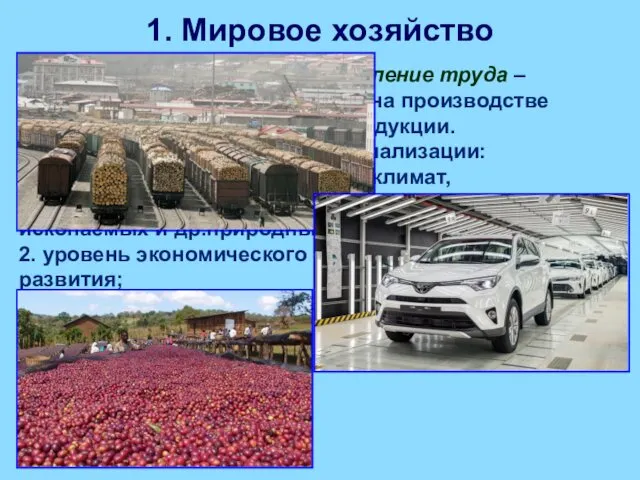 1. Мировое хозяйство Международное разделение труда – это специализация стран