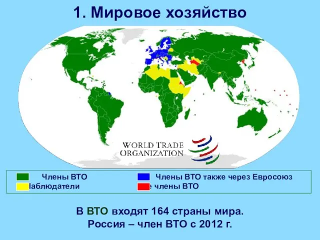 1. Мировое хозяйство В ВТО входят 164 страны мира. Россия