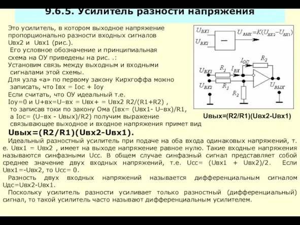 9.6.5. Усилитель разности напряжения Это усилитель, в котором выходное напряжение