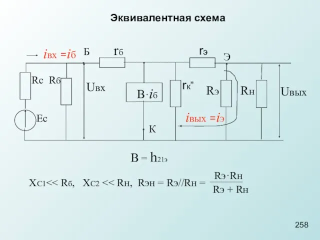 258 Эквивалентная схема Б rб B·iб Rc Rб Uвх rк”