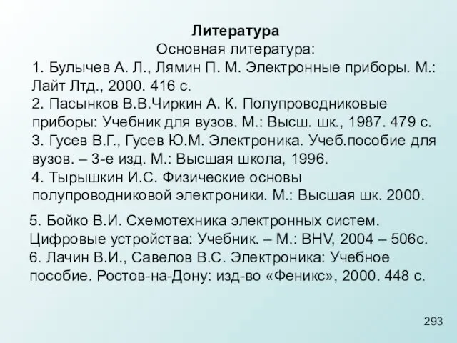 293 Литература Основная литература: 1. Булычев А. Л., Лямин П.