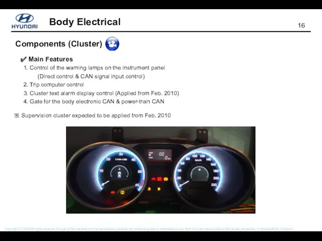 Components (Cluster) Main Features 1. Control of the warning lamps