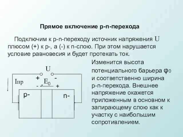 Подключим к p-n-переходу источник напряжения U плюсом (+) к p-,