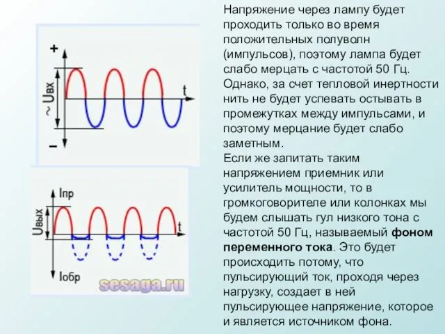 Напряжение через лампу будет проходить только во время положительных полуволн