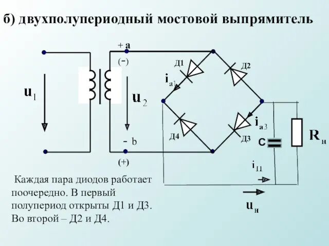 б) двухполупериодный мостовой выпрямитель С Каждая пара диодов работает поочередно.