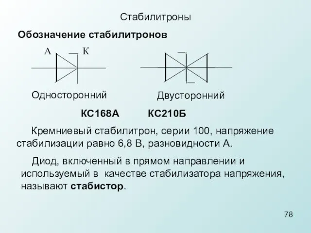 Стабилитроны Обозначение стабилитронов А К Односторонний Двусторонний КС168А КС210Б Кремниевый