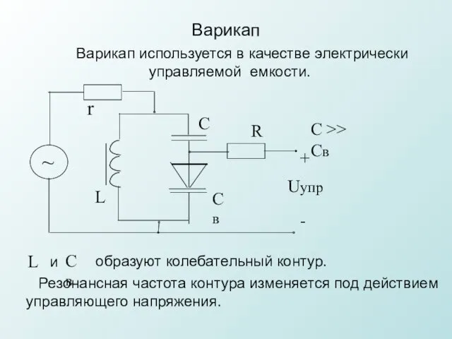 Варикап Варикап используется в качестве электрически управляемой емкости. ~ С