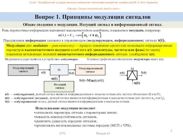 ОТС Лекция #7 Общие сведения о модуляции. Несущий сигнал и