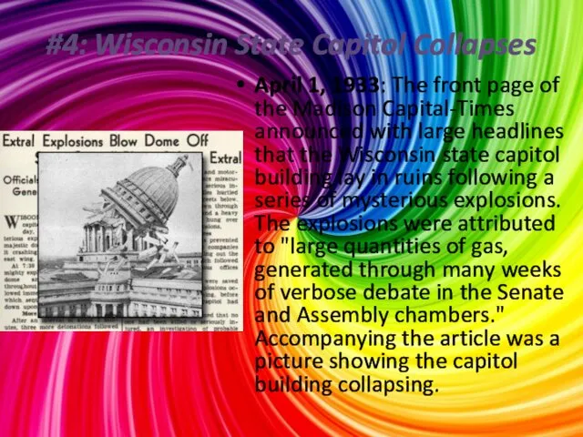 #4: Wisconsin State Capitol Collapses April 1, 1933: The front