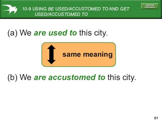 (a) We are used to this city. (b) We are