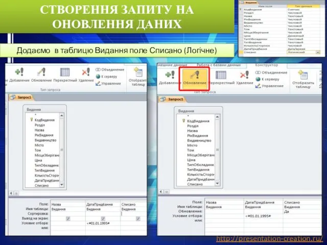 СТВОРЕННЯ ЗАПИТУ НА ОНОВЛЕННЯ ДАНИХ Додаємо в таблицю Видання поле Списано (Логічне)