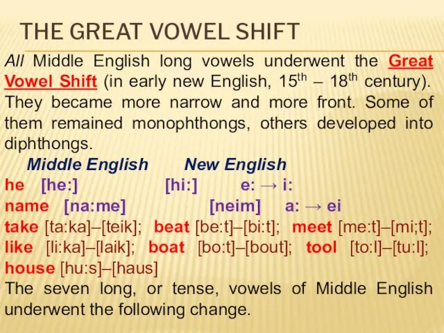 THE GREAT VOWEL SHIFT All Middle English long vowels underwent