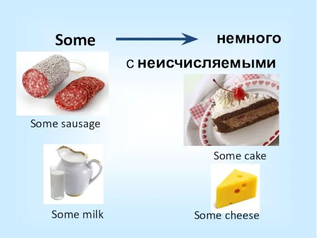 Some немного Some sausage Some cake Some cheese Some milk с неисчисляемыми