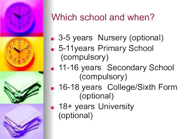 Which school and when? 3-5 years Nursery (optional) 5-11years Primary