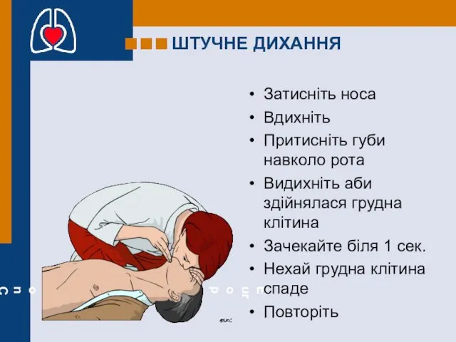 ШТУЧНЕ ДИХАННЯ Затисніть носа Вдихніть Притисніть губи навколо рота Видихніть