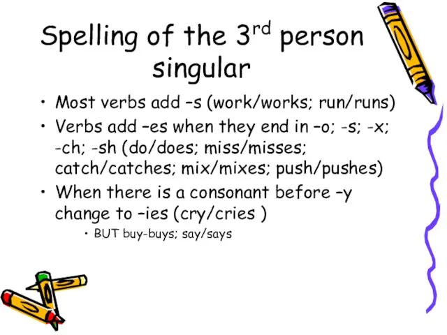 Spelling of the 3rd person singular Most verbs add –s