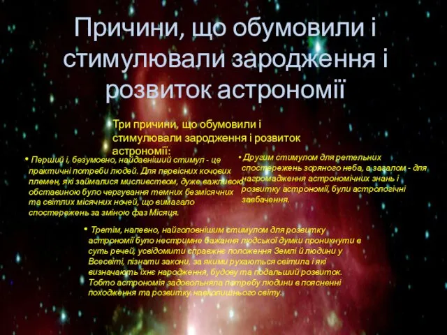 Причини, що обумовили і стимулювали зародження і розвиток астрономії Три