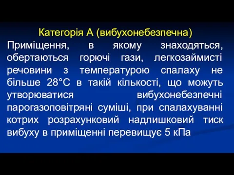 Категорія А (вибухонебезпечна) Приміщення, в якому знаходяться, обертаються горючі гази,