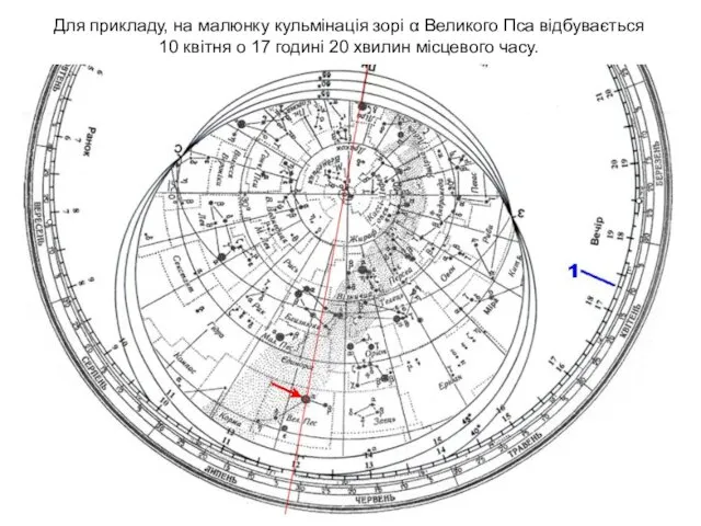 Для прикладу, на малюнку кульмінація зорі α Великого Пса відбувається