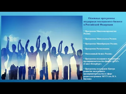 Основные программы поддержки молодежного бизнеса в Российской Федерации * Программа