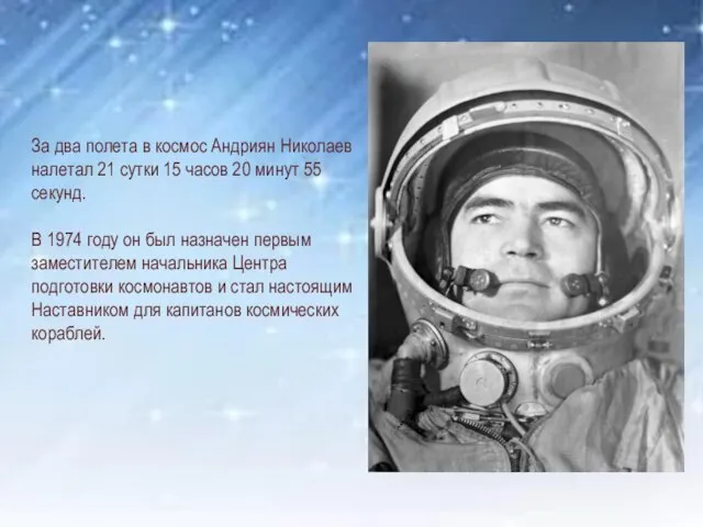 За два полета в космос Андриян Николаев налетал 21 сутки 15 часов 20