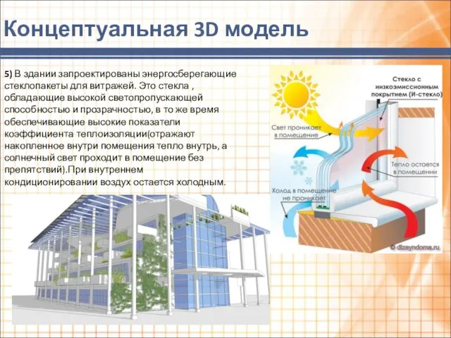 Концептуальная 3D модель 5) В здании запроектированы энергосберегающие стеклопакеты для витражей. Это стекла