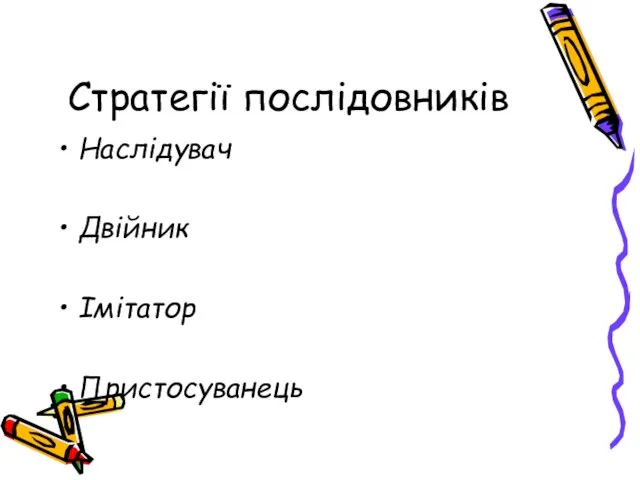 Стратегії послідовників Наслідувач Двійник Імітатор Пристосуванець