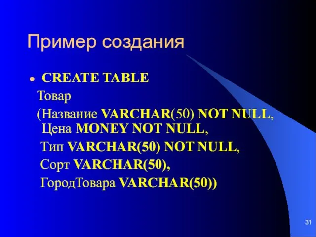 Пример создания CREATE TABLE Товар (Название VARCHAR(50) NOT NULL, Цена MONEY NOT NULL,