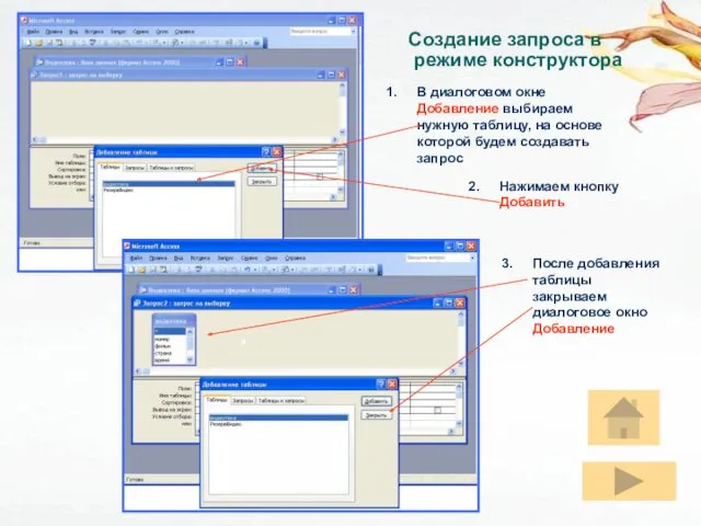 Создание запроса В диалоговом окне Добавление выбираем нужную таблицу, на