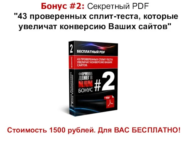 Стоимость 1500 рублей. Для ВАС БЕСПЛАТНО! Бонус #2: Секретный PDF