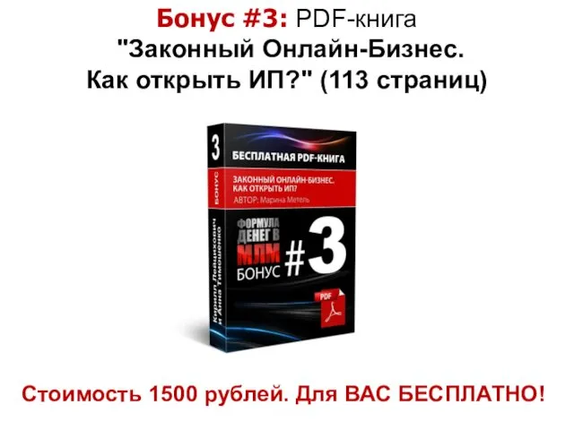 Стоимость 1500 рублей. Для ВАС БЕСПЛАТНО! Бонус #3: PDF-книга "Законный Онлайн-Бизнес. Как открыть ИП?" (113 страниц)