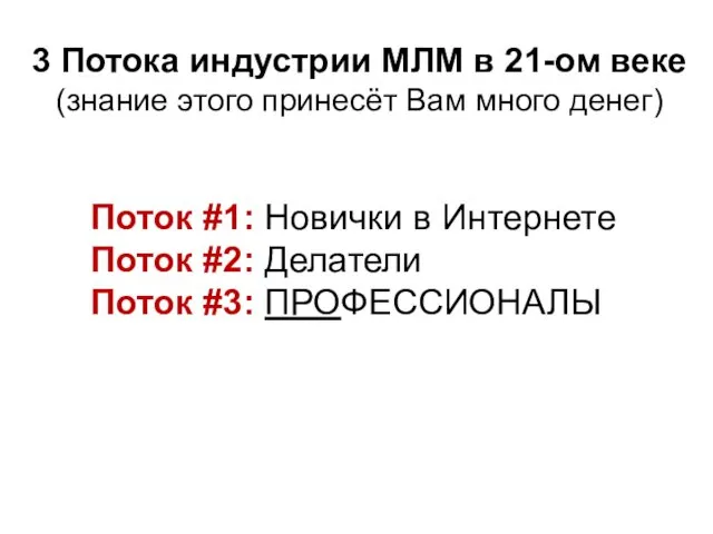 Поток #1: Новички в Интернете Поток #2: Делатели Поток #3: ПРОФЕССИОНАЛЫ 3 Потока