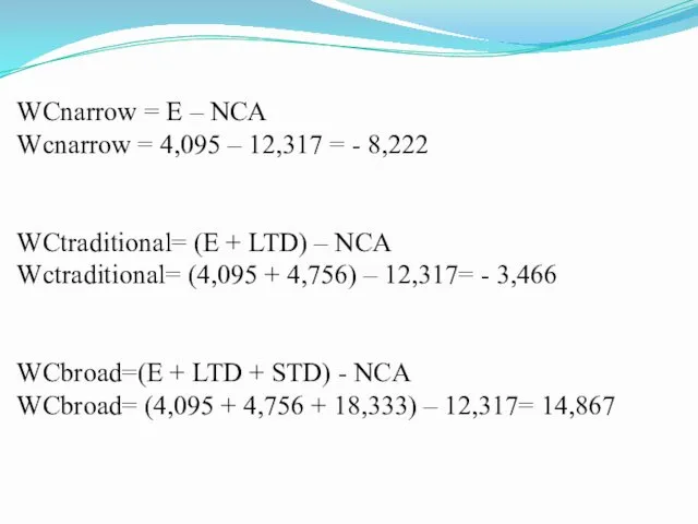 WCnarrow = E – NCA Wcnarrow = 4,095 – 12,317 = - 8,222