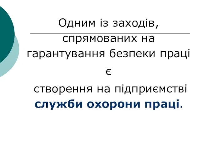 Одним із заходів, спрямованих на гарантування безпеки праці є створення на підприємстві служби охорони праці.