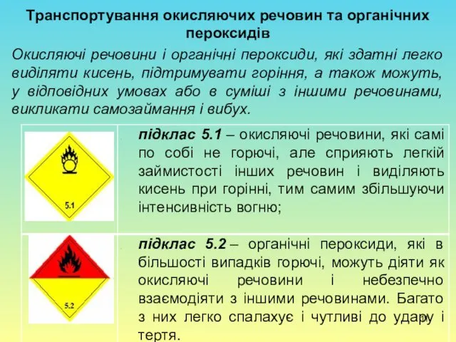 Транспортування окисляючих речовин та органічних пероксидів Окисляючі речовини і органічні