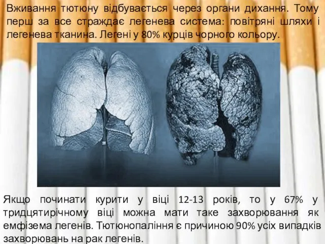 Вживання тютюну відбувається через органи дихання. Тому перш за все