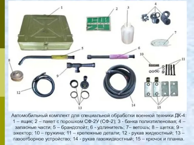 Автомобильный комплект для специальной обработки военной техники ДК-4: 1 –